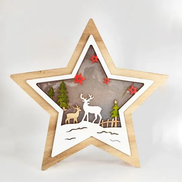 Wooden Star Christmas Decoration – Santa & Reindeer Scene Holiday Ornament - Image 4