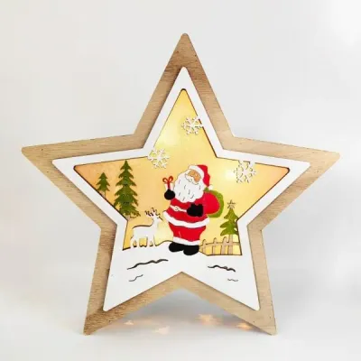 Wooden Star Christmas Decoration – Santa & Reindeer Scene Holiday Ornament - 5