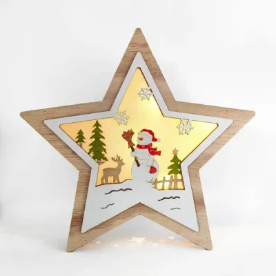 Wooden Star Christmas Decoration – Santa & Reindeer Scene Holiday Ornament - 6
