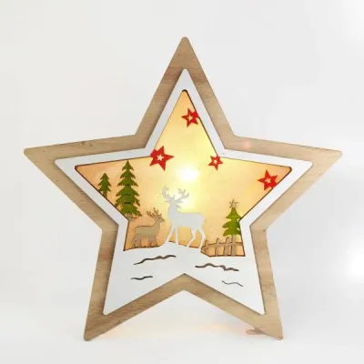 Wooden Star Christmas Decoration – Santa & Reindeer Scene Holiday Ornament - 7