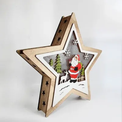 Wooden Star Christmas Decoration – Santa & Reindeer Scene Holiday Ornament - 8