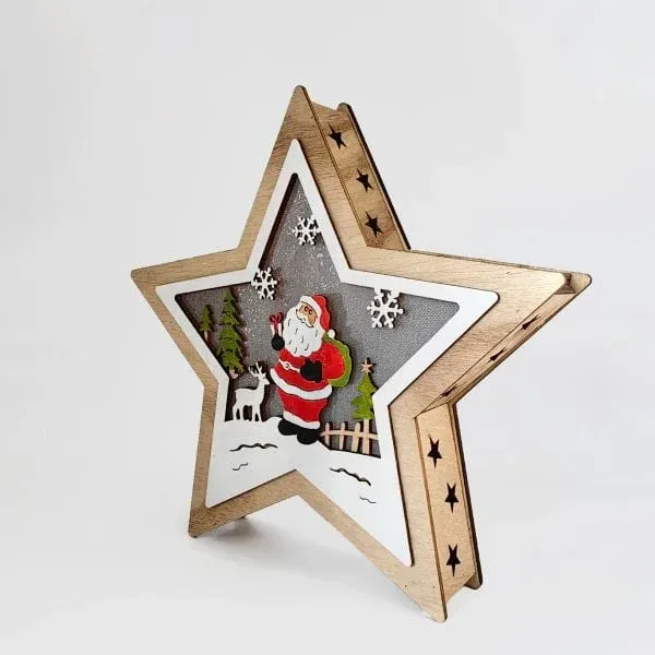 Wooden Star Christmas Decoration – Santa & Reindeer Scene Holiday Ornament - Image 9