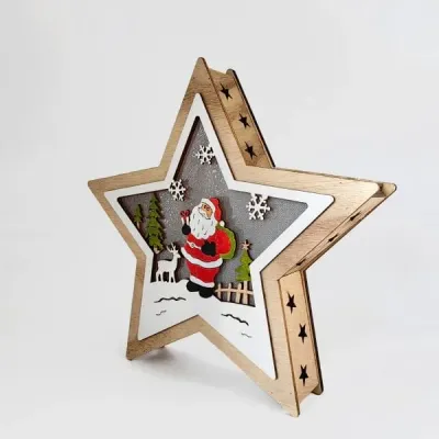 Wooden Star Christmas Decoration – Santa & Reindeer Scene Holiday Ornament - 9
