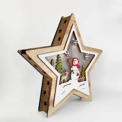 Wooden Star Christmas Decoration – Santa & Reindeer Scene Holiday Ornament - 10