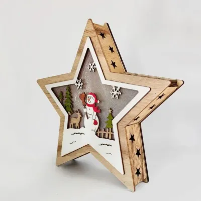 Wooden Star Christmas Decoration – Santa & Reindeer Scene Holiday Ornament - 11