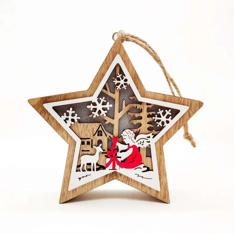 Wooden Star Christmas Ornament – Angel & Reindeer Scene Hanging Decoration - Image 1