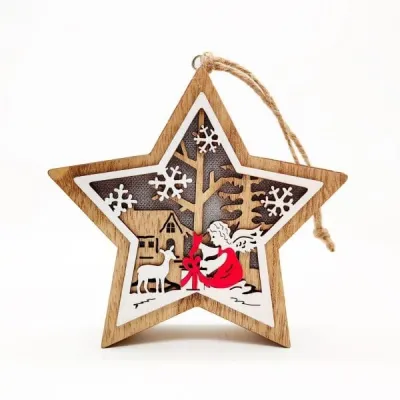 Wooden Star Christmas Ornament – Angel & Reindeer Scene Hanging Decoration - 2