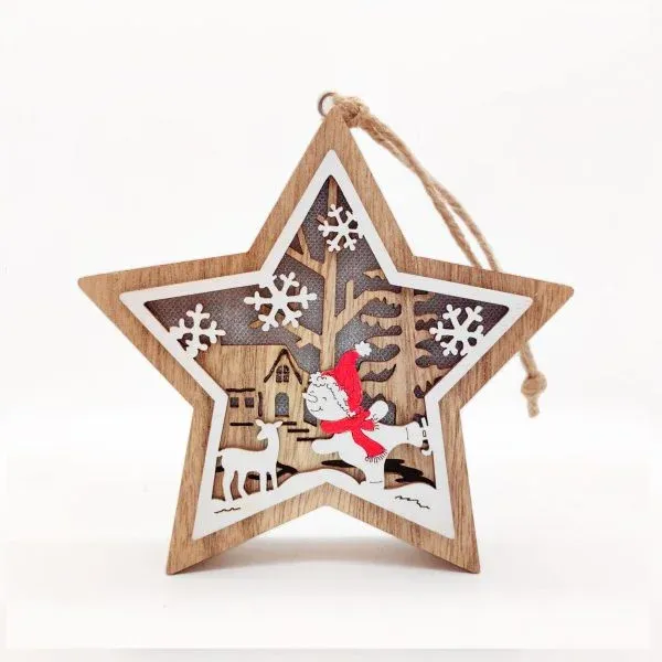 Wooden Star Christmas Ornament – Angel & Reindeer Scene Hanging Decoration - Image 3