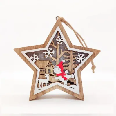Wooden Star Christmas Ornament – Angel & Reindeer Scene Hanging Decoration - 3