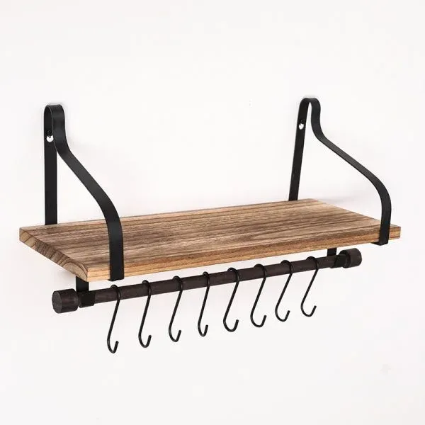 Wall-mounted Wooden Wall Shelf with Metal Hooks - Image 2