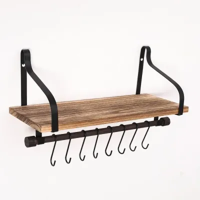 Wall-mounted Wooden Wall Shelf with Metal Hooks - 2