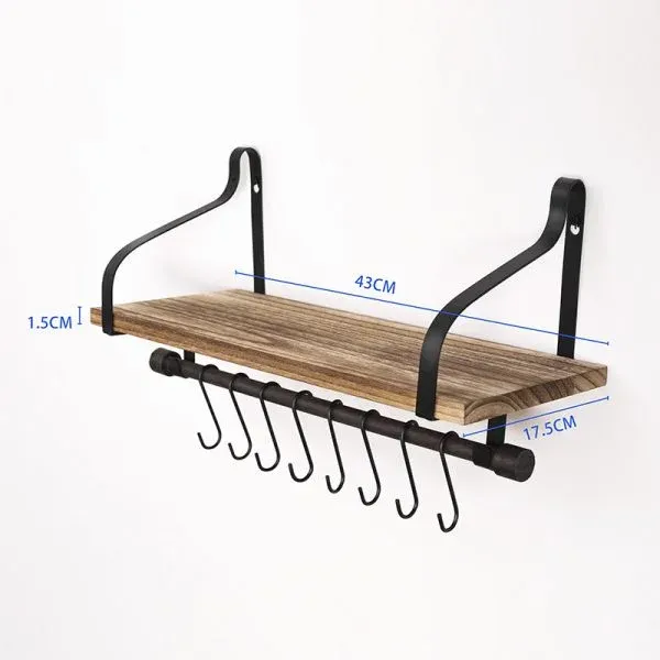Wall-mounted Wooden Wall Shelf with Metal Hooks - Image 3