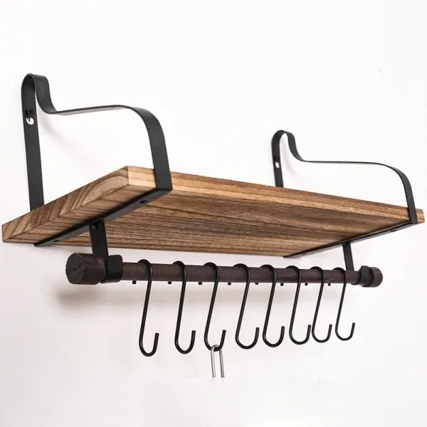 Wall-mounted Wooden Wall Shelf with Metal Hooks - Image 4