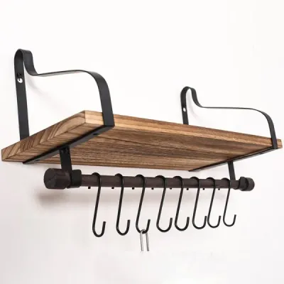 Wall-mounted Wooden Wall Shelf with Metal Hooks - 4