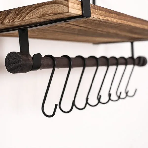 Wall-mounted Wooden Wall Shelf with Metal Hooks - Image 5