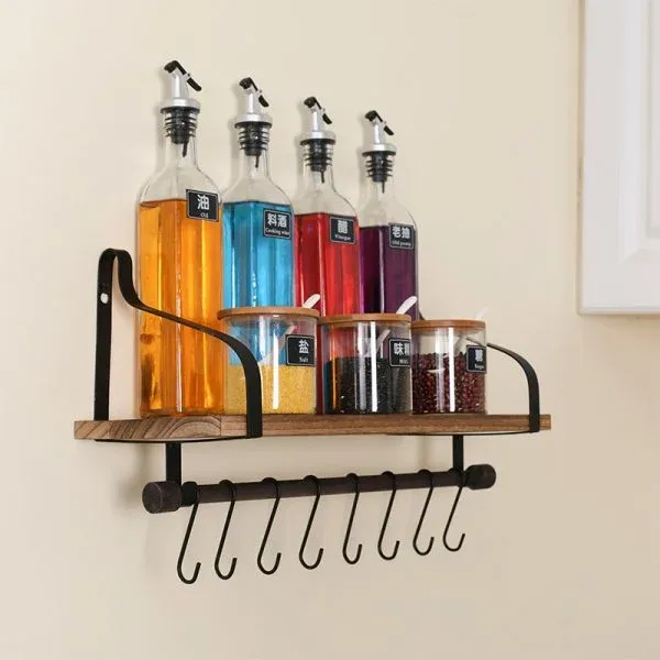 Wall-mounted Wooden Wall Shelf with Metal Hooks - Image 6