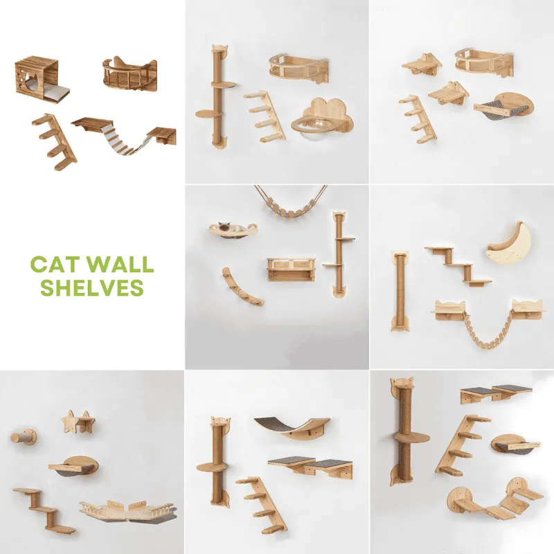 Modular wooden cat wall shelves mounted on a living room wall with a bridge and climbing steps