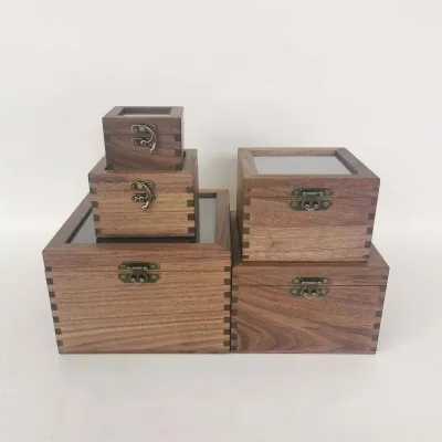 Walnut Wooden Boxes with Glass Lid and Antique Latch