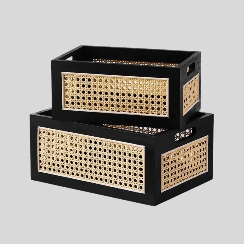 Black Wooden Crate Drawer Box with Woven Rattan Panels - Image 1