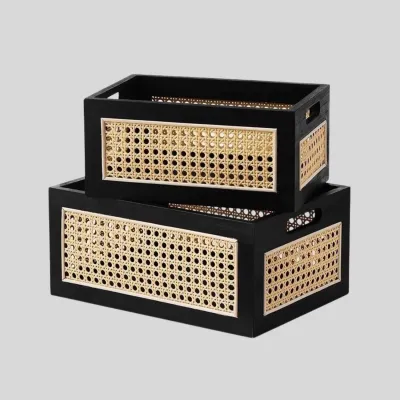 Black Wooden Crate Drawer Box with Woven Rattan Panels