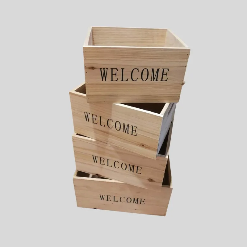 Natural Wooden Crate with Welcome Print for Retail Display and Commercial Storage - Image 1