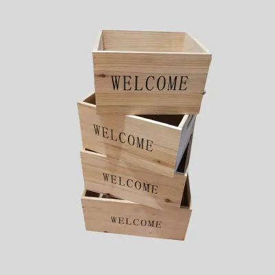 Natural Wooden Crate with Welcome Print for Retail Display and Commercial Storage