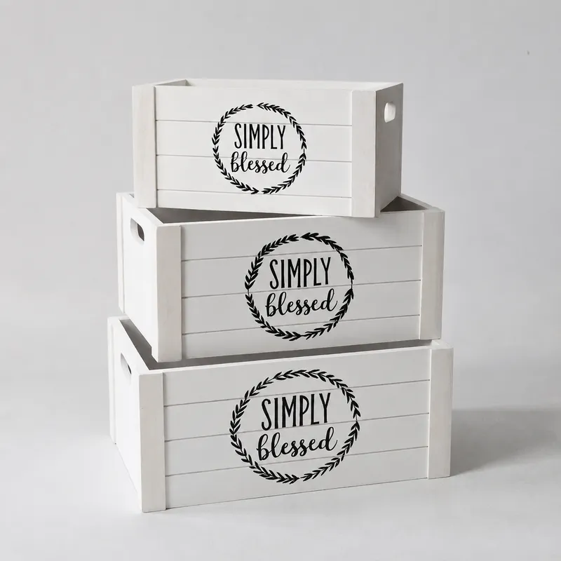 Farmhouse-style Printed White Wooden Storage Crate Set - Image 1
