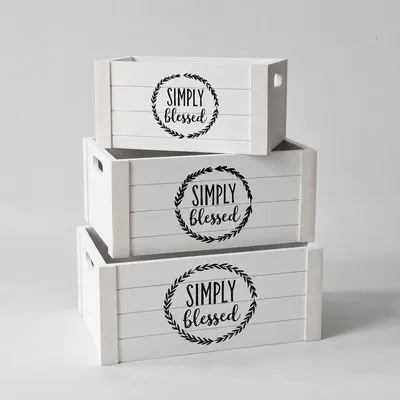 Farmhouse-style Printed White Wooden Storage Crate Set