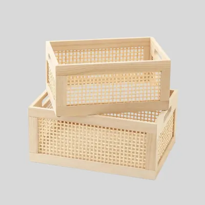 Natural Wooden Crate Desktop Storage Box with Woven Bamboo Panels