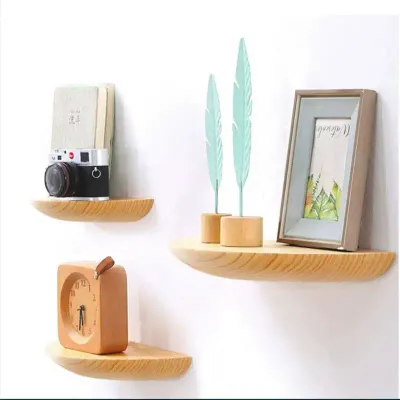 drill-free semi-circular solid wood wall shelf – Nordic wall-mounted decor for living room and TV wall - 1
