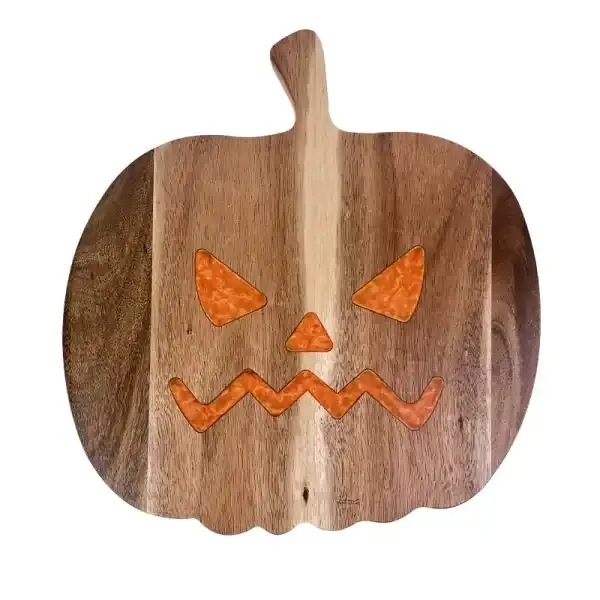 Halloween Resin Cheese Board in Acacia Wood – Pumpkin Shape - Image 2