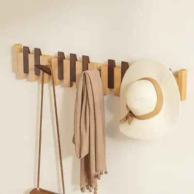 Wooden Piano-Key Coat Rack with Wall-Mounted Hooks - 2