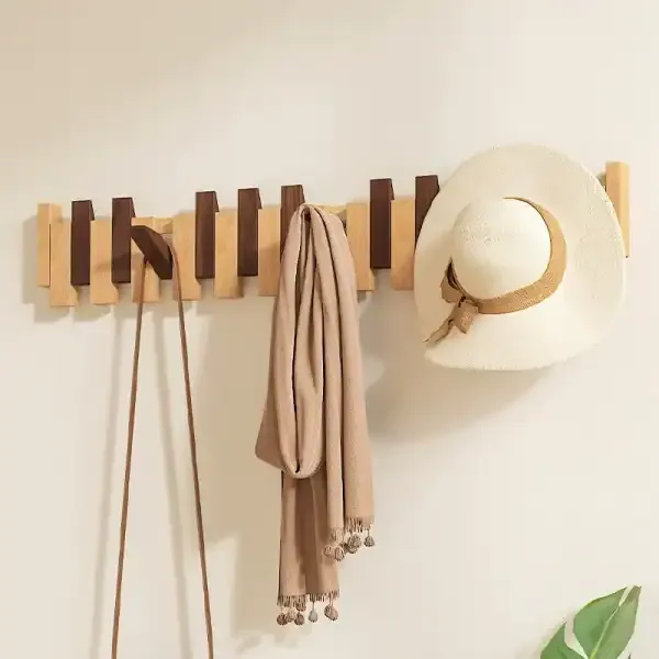 Wooden Piano-Key Coat Rack with Wall-Mounted Hooks - Image 3