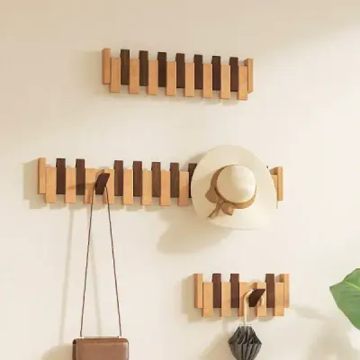 Wooden Piano-Key Coat Rack with Wall-Mounted Hooks - 4