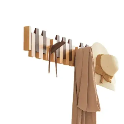 Wooden Piano-Key Coat Rack with Wall-Mounted Hooks - 5