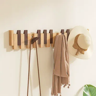 Wooden Piano-Key Coat Rack with Wall-Mounted Hooks - 1