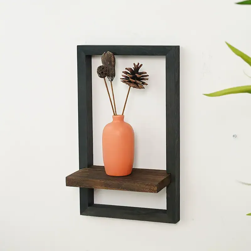 In-Stock Wooden Wall Shelf – Wall-Mounted Square Frame Plant Holder for Living Room, Rustic Wood Wall Shelf Decor - Image 1