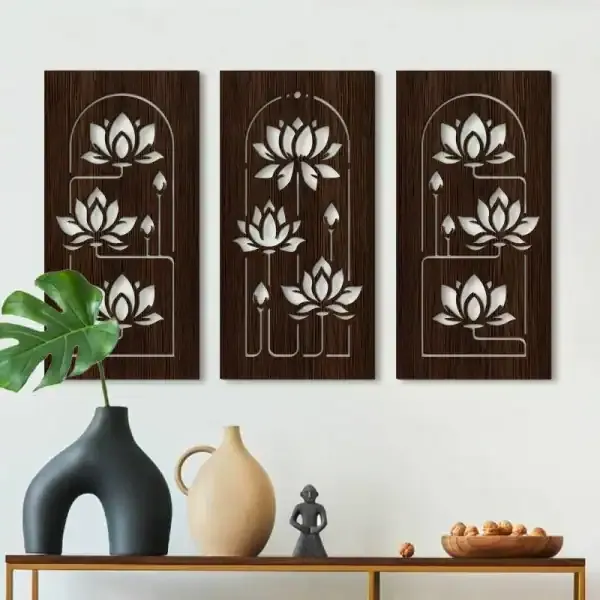 Lotus Hollow Wooden Wall Art Hanging Decor – Modern Asian Floral Home Decoration - Image 2