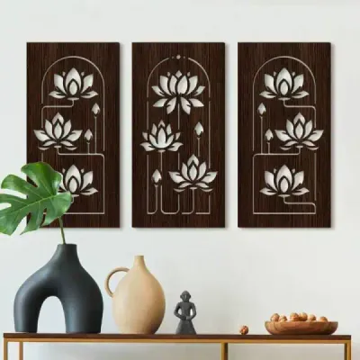Lotus Hollow Wooden Wall Art Hanging Decor – Modern Asian Floral Home Decoration - 2