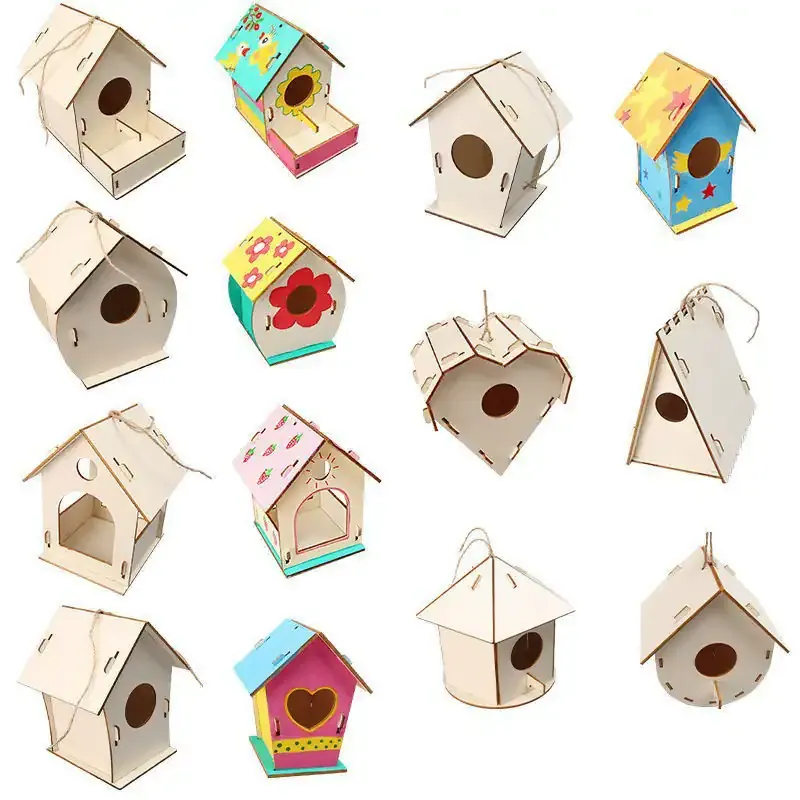 Handmade Wooden Birdhouse DIY Painting Kit for Kids Outdoor Hanging Bird Cage - Image 1