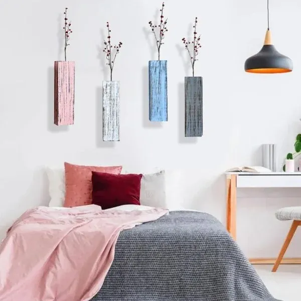Colorful Distressed Wooden Wall Vase for Dry Flowers & Greenery – Rustic Wall Mounted Home Decor - Image 2