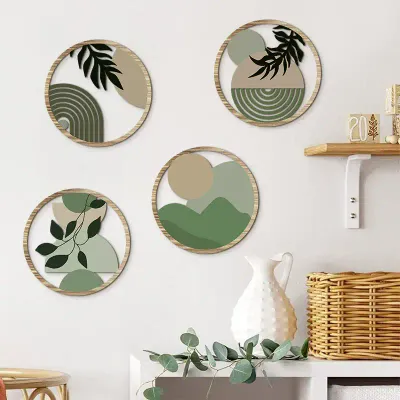 4 Piece Set Bohemian Farmhouse Wooden Wall Art Decor with Hollow Pattern Round Design - 1