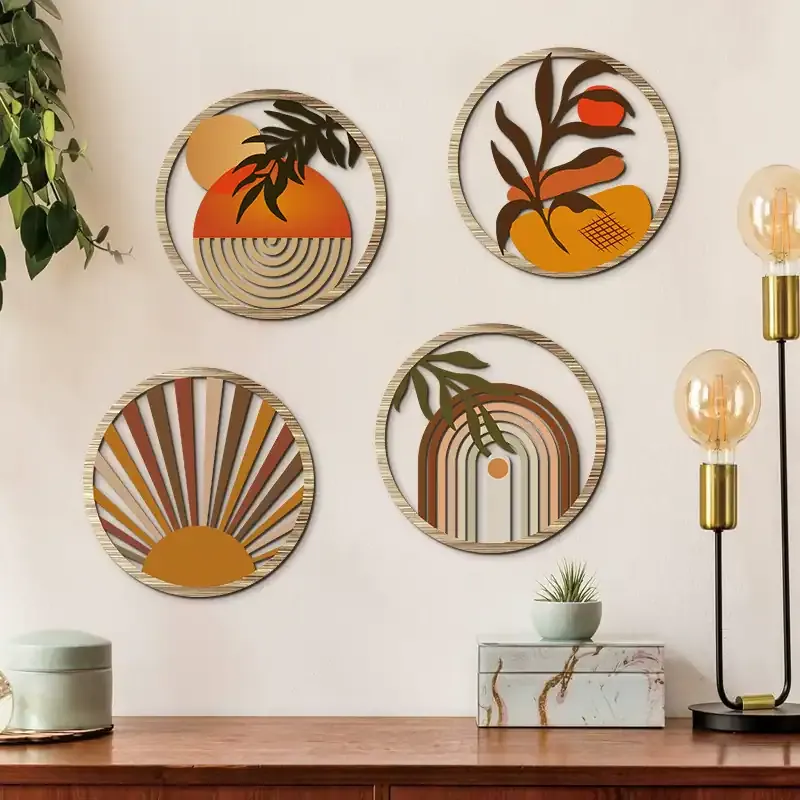 4-Piece Bohemian Farmhouse Wooden Wall Art Set with Hollow Floral Round Pattern - Image 1