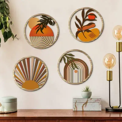 4-Piece Bohemian Farmhouse Wooden Wall Art Set with Hollow Floral Round Pattern - 1