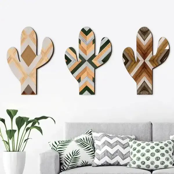 Cactus Wooden Hanging Wall Decor Boho Plant Pattern Art Ornament - Image 2
