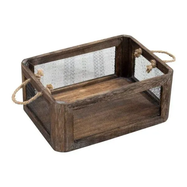 Rectangular Vintage Solid Wood & Metal Mesh Storage Crate | Rustic Iron Art Storage Box - Image 8