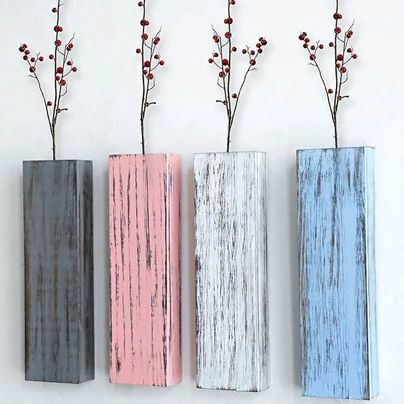 Colorful Distressed Wooden Wall Vase for Dry Flowers & Greenery – Rustic Wall Mounted Home Decor - Image 1