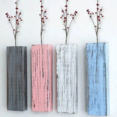 Colorful Distressed Wooden Wall Vase for Dry Flowers & Greenery – Rustic Wall Mounted Home Decor - 1