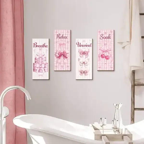 Bohemian Pink Bow Wooden Wall Art Set of 4 for Bedroom and Bathroom Decoration - Image 3