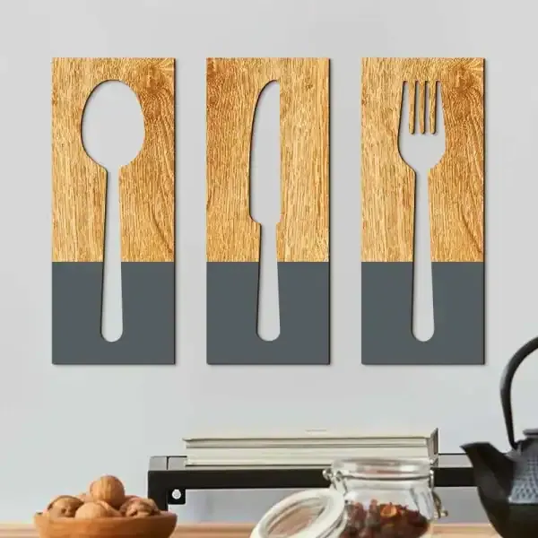 Wooden Kitchen Wall Art Cutlery Set – Spoon, Knife & Fork Wall Hanging Decoration - Image 2